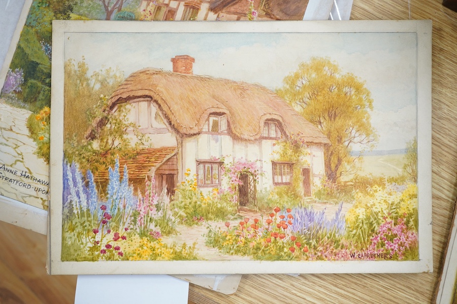 William Affleck, (Aka Carruthers, 1868-1943), three 1930's watercolours on card, comprising ‘Anne Hathaway's cottage, Stratford Upon Avon’, ‘Cottage at Ockley, Surrey’ and ‘cottage at West Hagbourne, Oxford’, two signed,